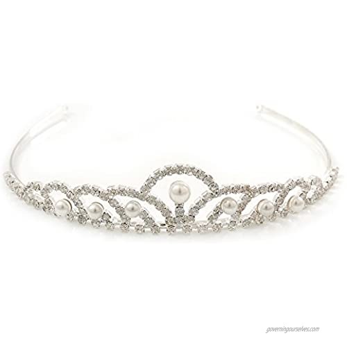 Avalaya Princess Bridal/Wedding/Prom Rhodium Plated Austrian Crystal White Simulated Glass Pearl Tiara