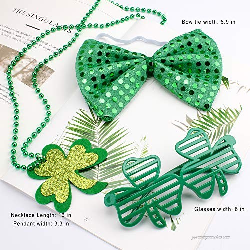 Canitor St. Patrick's Day Accessories Set 5PCS St. Patrick's Day Party Favors Parade Costume with Sequin Bow Shamrock Hat Beads Necklace Shamrock Eyeglasses Tattoos Stickers for Kids and Adults