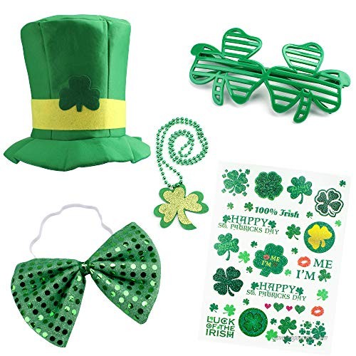 Canitor St. Patrick's Day Accessories Set 5PCS St. Patrick's Day Party Favors Parade Costume  with Sequin Bow  Shamrock Hat  Beads Necklace  Shamrock Eyeglasses  Tattoos Stickers for Kids and Adults