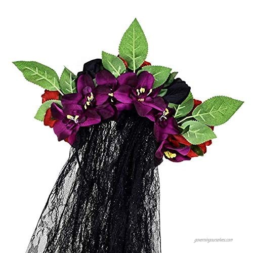 Day of The Dead Flower Crown Veil Headband Halloween Frida Kahlo Mexican Rose Floral Headband