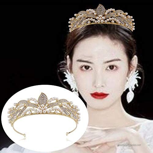 Earofcorn Brides Tiaras Rhinestone Leaves Pearl Crowns Headbands Wedding Hair Accessories Gifts for Bridal