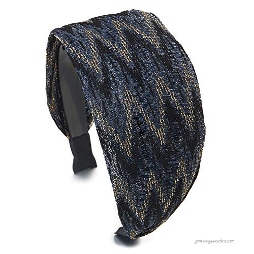 Elegant Broadside Wide Black Gold Blue Glossy Rhombus Pattern Lace Headband Hair Hoop Hairband