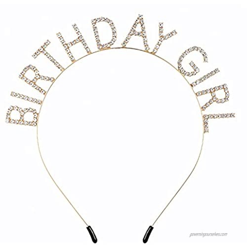 Elehere Rhinestone Birthday Girl Tiara Crown Headband Headpiece Sparkly Gold Party Hair Accessory