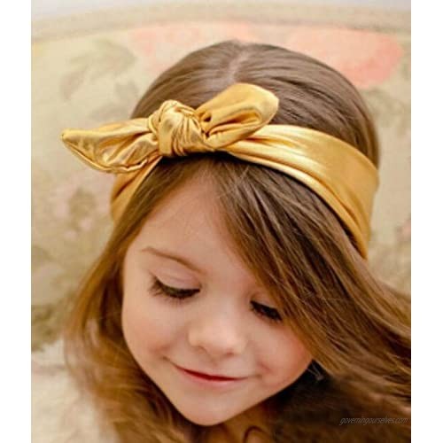 Girls Rabbit Bow Ear Hairband Headband Stretch Turban Knot Tie Head Wrap (Gold)