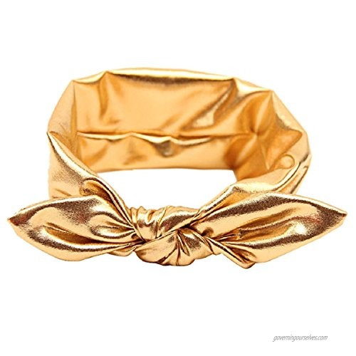 Girls Rabbit Bow Ear Hairband Headband Stretch Turban Knot Tie Head Wrap (Gold)