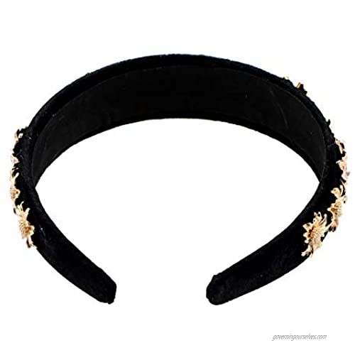 Gold Color Alloy Metal Flower Hairband for Women Fashion New Crystal Bead Black Cotton Band Headband Hair Jewelry Accessories