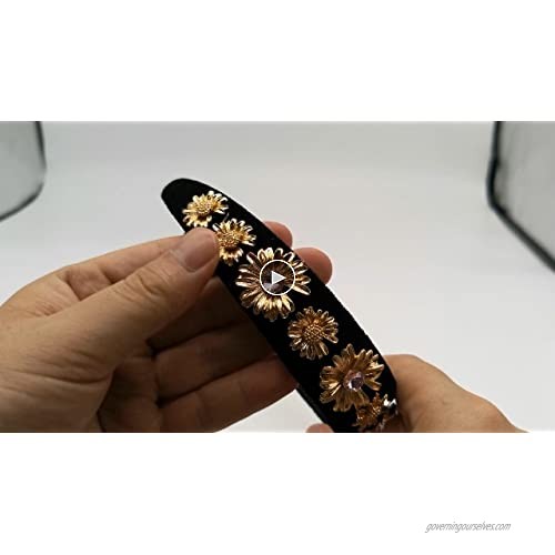 Gold Color Alloy Metal Flower Hairband for Women Fashion New Crystal Bead Black Cotton Band Headband Hair Jewelry Accessories