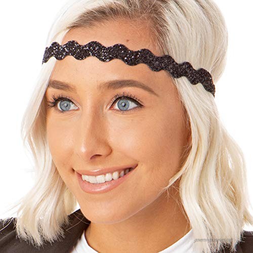 Hipsy Adjustable Non Slip Wave Bling Glitter Headbands for Women Girls & Teens 2-Pack (Black & Red)