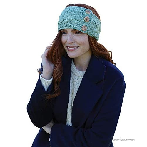 Ladies Multi Cable Headband with Buttons - 100% Merino Wool (Green)