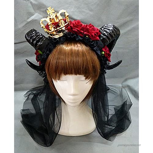 Large Black Evil Maleficent Horns Roses Gothic Hair Headpiece Crown Headband Lolita Veil Sheep Horn Hair Accessories (RedB)