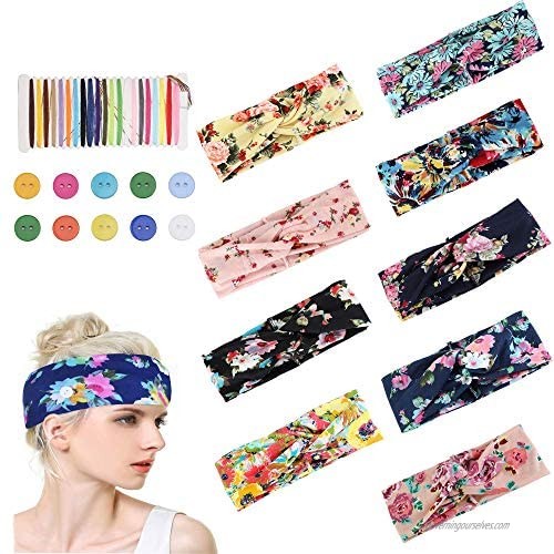LOLIAS 9 Pcs Boho Headbands with Button for Nurses Women Men DIY Sewing Button Headwrap Elastic Hair Band for Yoga Sports Running Washing Face Protect Your Ears