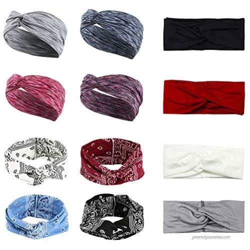 LOYALLOOK 12 Pack Yoga Headband Indoor Activities Running Sports Headband Fashion Knotted Wide Stretchy Head Wraps