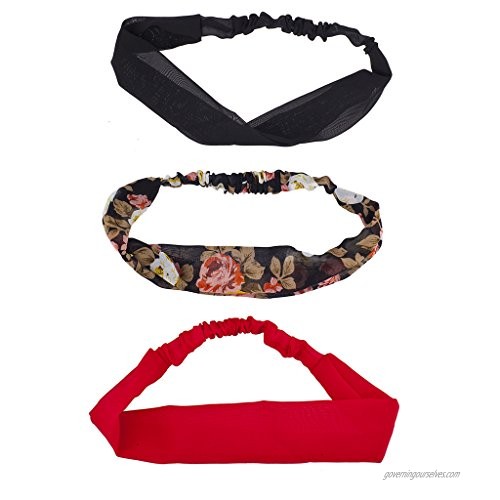 Lux Accessories Black Red Multi Floral Flower 3 Pack Chiffon Soft Headband Set