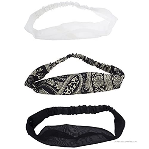 Lux Accessories Black White Paisley Print Soft Chiffon Headwrap Set (3pcs)
