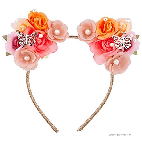 Lux Accessories Carnation Pink Light Orange Floral Pearl Butterfly Cat Ears Fashion Headband