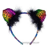 Lux Accessories Metallic Rainbow Colored Black Fur Cat Ears Fashion Headband