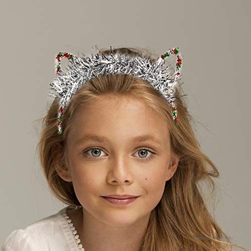 LUX ACCESSORIES Red Green Tinsel Foil Silver Tone Cat Ears Costume Christmas Fashion Headband