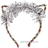 LUX ACCESSORIES Red Green Tinsel Foil Silver Tone Cat Ears Costume Christmas Fashion Headband