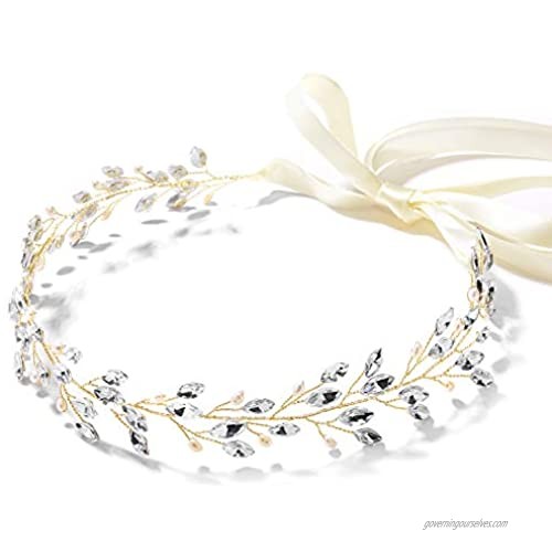 Mariell Bridal and Wedding Gold Jeweled Headband with Crystal Gems  Freshwater Pearls and Ivory Ribbon