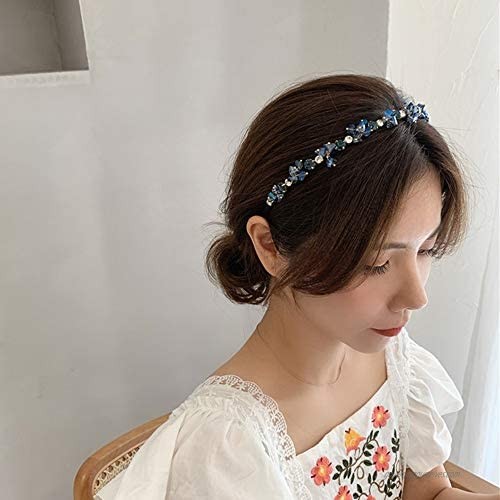 RANRAN Women Rhinestone Hair Hoop Crystal Headband Elegant Bride Hairband Banquet Headdress(Blue)