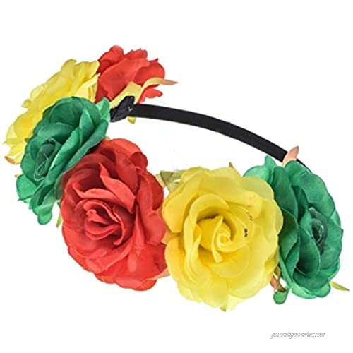 RoyaLily Rainbow Bohemia Stretch Rose Flower Headband Floral Crown for Garland Party (Red Yellow Green)