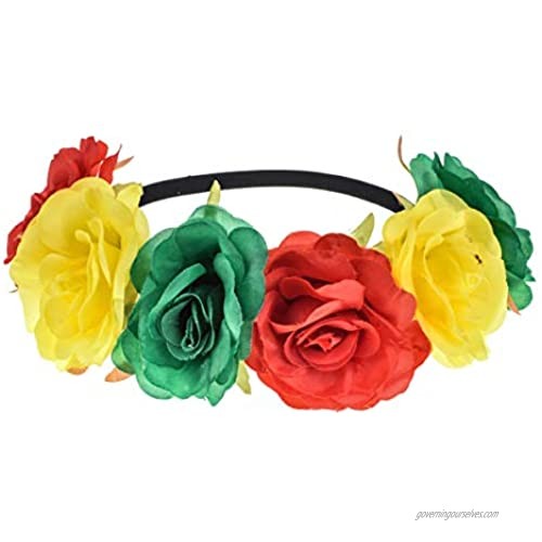 RoyaLily Rainbow Bohemia Stretch Rose Flower Headband Floral Crown for Garland Party (Red Yellow Green)