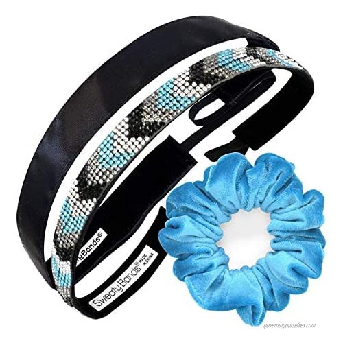 Sweaty Bands Womens Girls Headband - Non-Slip  Velvet-Lined Exercise Hairbands - Gift Pack Bling It Chevron So Chic Turquoise 5/8-Inch  Simply Satin Black 5/8-Inch and a Turquoise Scrunchie