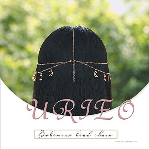 Urieo Bohemian Head Chain Jewelry Gold Moon Forehead Chain Sequins Headband Halloween Wedding Headpiece for Women and Girls