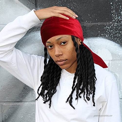 Urieo Long Tail Durag Red 2 Packs Velvet Wide Straps Wave Caps Headwraps 360 Wave Pirate Hat Doo Rag Hip Hop Sleep Cycling for Men and Women