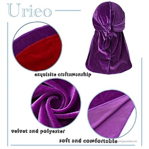 Urieo Long Tail Durag Red 2 Packs Velvet Wide Straps Wave Caps Headwraps 360 Wave Pirate Hat Doo Rag Hip Hop Sleep Cycling for Men and Women