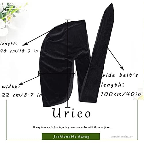 Urieo Long Tail Durag RUrieo Velvet Du-rag Caps Black Long Tail Headwraps Durag Wide Straps Wave Caps 360 Wave Pirate Hat Hip Hop Sleep Cycling for Men and Women (Pack of 2)