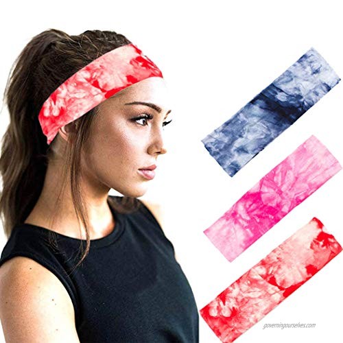 Urieo Yoga Cotton Headbands Colorful Boho Tie Dye Elastic Hair Bands Non Slip Sweat Soft Dye Head Wrap Workout for Women and Girls (Pack of 3)