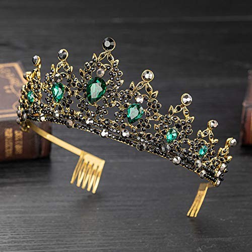 Vintage Retro Gold Black Crystal Queen Tiaras Crowns for Women Girls Party Halloween Costume Prom Pageant Mother's Day Gift (Green)