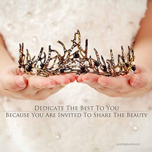 Yfe Women Gothic Crowns and Tiaras Evil Queen Crown Performance Cosplay Laurel Tiara Headband Wedding Hair Accessories for Women and Girls (Gold)