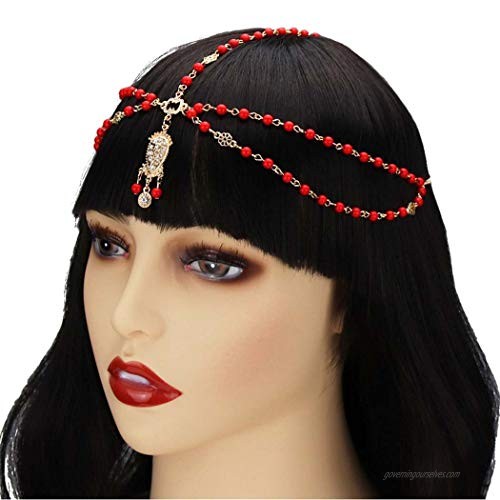 Yizaca Boho Crystal Head Chain Red Rhinestone Pendant Hair Chain Beaded Headpieces Tassel Headband Jewelry for Women and Girls