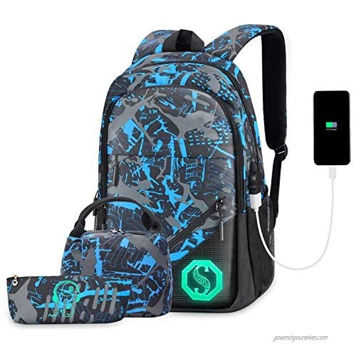 Backpack for Boys  Kids School Backpack Set with USB Charging Port Lunch Bag and Pencil Case  Water Resistant Teens Bookbag Fashion School Bags
