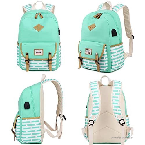 Delapuy Canvas Waterproof Backpack for College Girls Women USB Charging Port Fits 14 Laptop Backpack Daypack School Bookbag