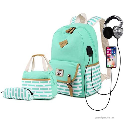 Delapuy Canvas Waterproof Backpack for College Girls Women USB Charging Port Fits 14" Laptop Backpack Daypack School Bookbag