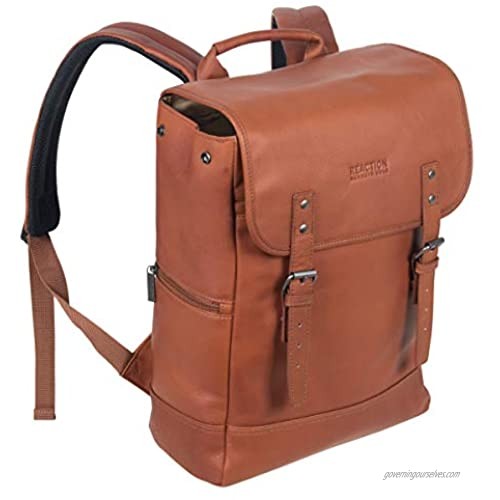 Kenneth Cole Reaction Colombian Leather Single Compartment Flapover 14.1” Laptop Backpack (RFID)  Cognac