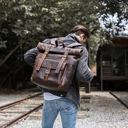 Polare Full Grain Leather 17.7 Laptop Backpack Travel Bag Large Capacity For Men Fits 17.3'' Laptop