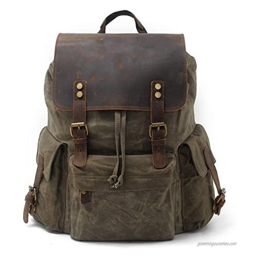 SUVOM Vintage Canvas Genuine Leather Laptop Backpack for Men School Bag 15.6" Water Resistant Travel Rucksack