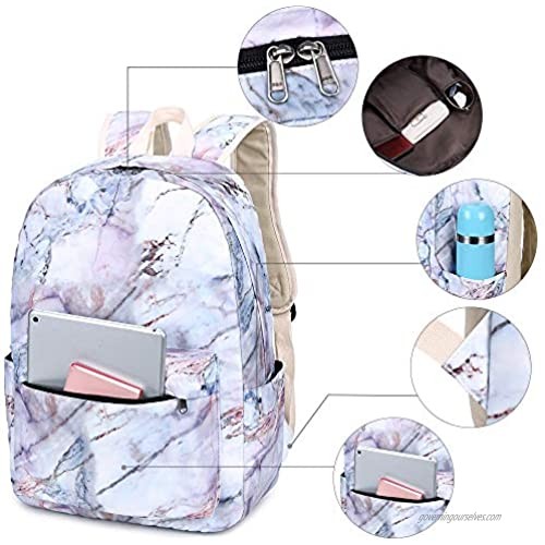 Teen Girls School Backpack Kids Bookbag Set with Lunch Box Pencil Case Travel Laptop Backpack Casual Daypacks (Marble 5)