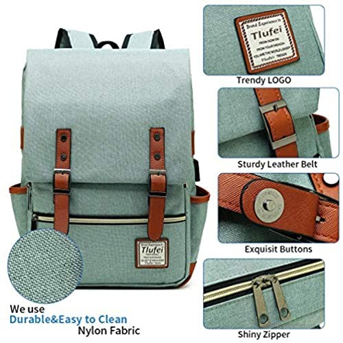 Tlufei Laptop Backpack for Women Men Tear Resistant School College Travelling Backpack with USB Charging Port Vintage Backpack Fits up to 15.6Inch MacBook (LightGreen) …