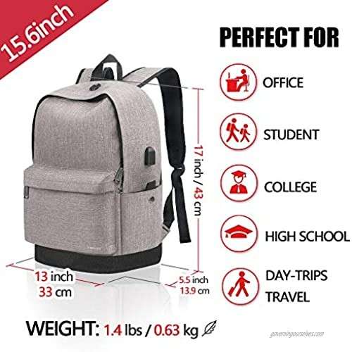 Travel Laptop Backpack Business Water Resistant Anti-Theft College Middle School Computer Bag with USB Charging Port for Men Womens Boys Girls Gifts Fits 15.6 Inch Laptop Grey