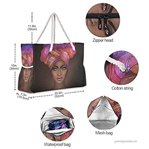 ALAZA African American Afro Girl Large Beach Bag For Women Tote Bags Reusable Grocery Shoulder Bag with Zipper Pocket