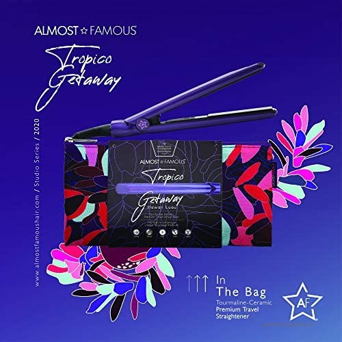 Almost Famous Tropico Getaway 0.5’’ Mini Tourmaline & Ceramic Hair Straightener Flat Iron with Travel Bag Purple