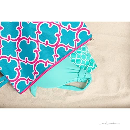 Blue Pink Quatrefoil Clover 12 x 9.5 Inch Lined Beach Bikini Wet Bag Wristlet