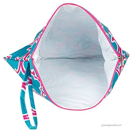 Blue Pink Quatrefoil Clover 12 x 9.5 Inch Lined Beach Bikini Wet Bag Wristlet
