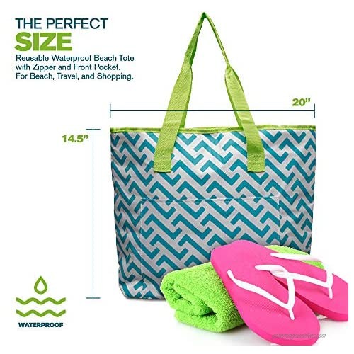 EXULTIMATE Reusable Waterproof Beach Tote with Zipper and Front Pocket For Beach Travel and Shopping