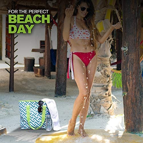 EXULTIMATE Reusable Waterproof Beach Tote with Zipper and Front Pocket For Beach Travel and Shopping